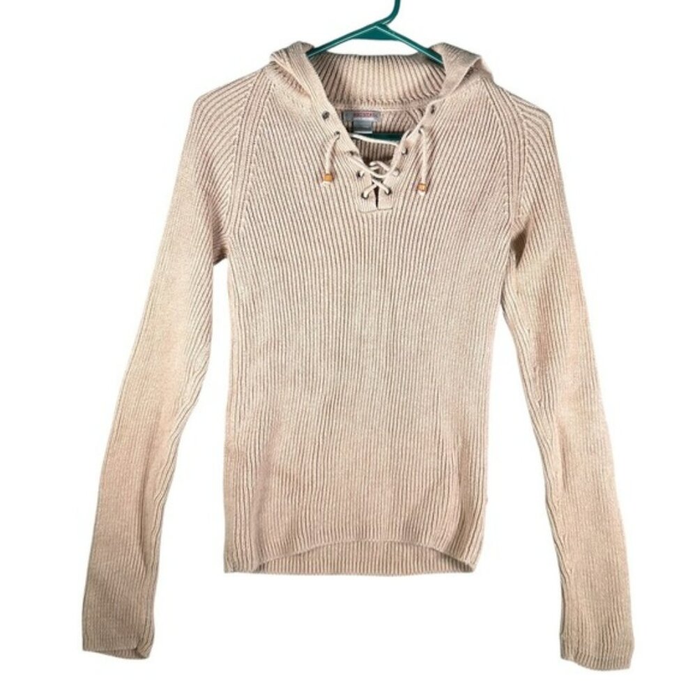 Hollister Co Tan Ribbed Knit Lace Up Hoodie Sweater Floral Embroidery Small